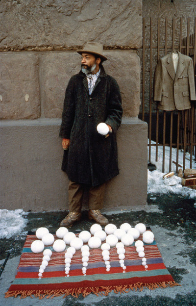 “Bilz-aard Sale, 1983” Performance view, Cooper Square, New York 1983. Photo by Daqoud Bey; Art Forum