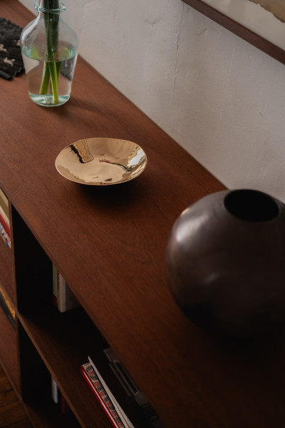 A Nancy Pearce Small Bronze Bowl and Logan Wannamaker Ceramic Vase resting on a bookshelf designed by Josie. 