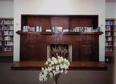 Fireplace in library of The Bishops School in San Diego. Courtesy of Gibbs Smith Books