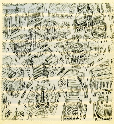 A printed textile taken from one of Tibor’s many sketches of London. He seemed to be fascinated with urban planning and the patterns humans took in their daily lives. 