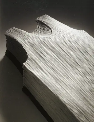 Stacks of Pleats Please awaiting inspection
