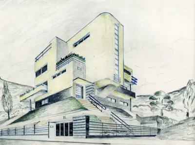 Tibor had yearned to be an architect. This rendering is an example of the many drawings Tibor produced as a young man as he was exploring this passion. However, because his parents were in the textile business, they convinced Tibor to study textiles when he moved to Vienna for art school. 