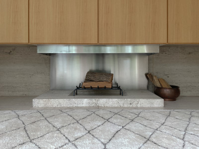 The hearth. The travertine plinth was implemented years later at the request of Edith and executed my Mies's grandson Dirk Lohan.