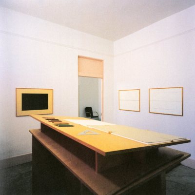 Print Studio view, left to right: one from a set of ten woodcuts, untitled, 1988; two drawings, 1993; standing desk by Donald Judd. Photo 1995.