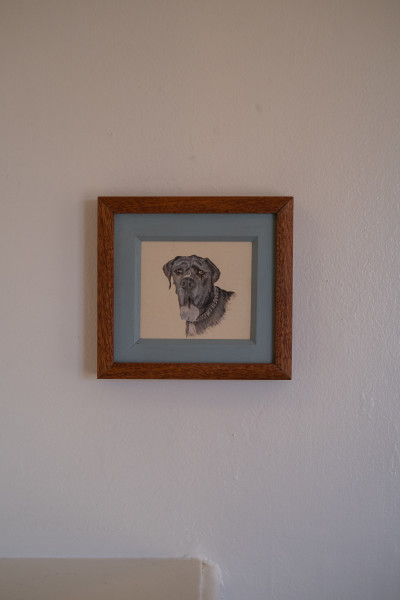 A painting of Josie's dog, Atticus, by Dan Bruinooge. 