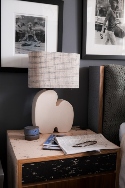 Lisa Viscardi lamp base with handwoven shade by Marina Contro. The absolute best lamp for preserving space on a nightstand