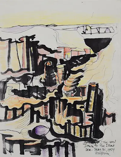 From Arad - The Road Down to the Dead Sea, 1979 Photocopy, ink, and colored pencil on paper 