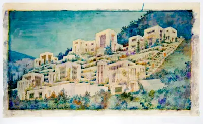 Rendering for Laughlin Park, an unbuilt development in the Hollywood Hills. Courtesy of Design & Architecture Museum at the University of California, Santa Barbara