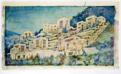 Rendering for Laughlin Park, an unbuilt development in the Hollywood Hills. Courtesy of Design & Architecture Museum at the University of California, Santa Barbara