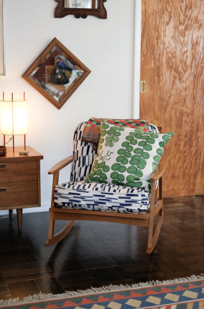 Reading chair featuring pillow made from remnant Josef Frank fabric