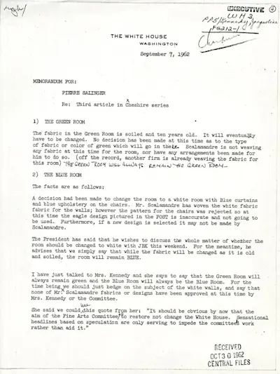 Memo from Jacqueline Kennedy to Press Secretary Peter Salinger regarding fabrics for the Blue and Green Rooms. Document courtesy of John F. Kennedy Presidential Library and Museum.