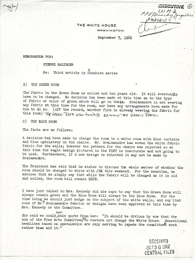 Memo from Jacqueline Kennedy to Press Secretary Peter Salinger regarding fabrics for the Blue and Green Rooms. Document courtesy of John F. Kennedy Presidential Library and Museum.