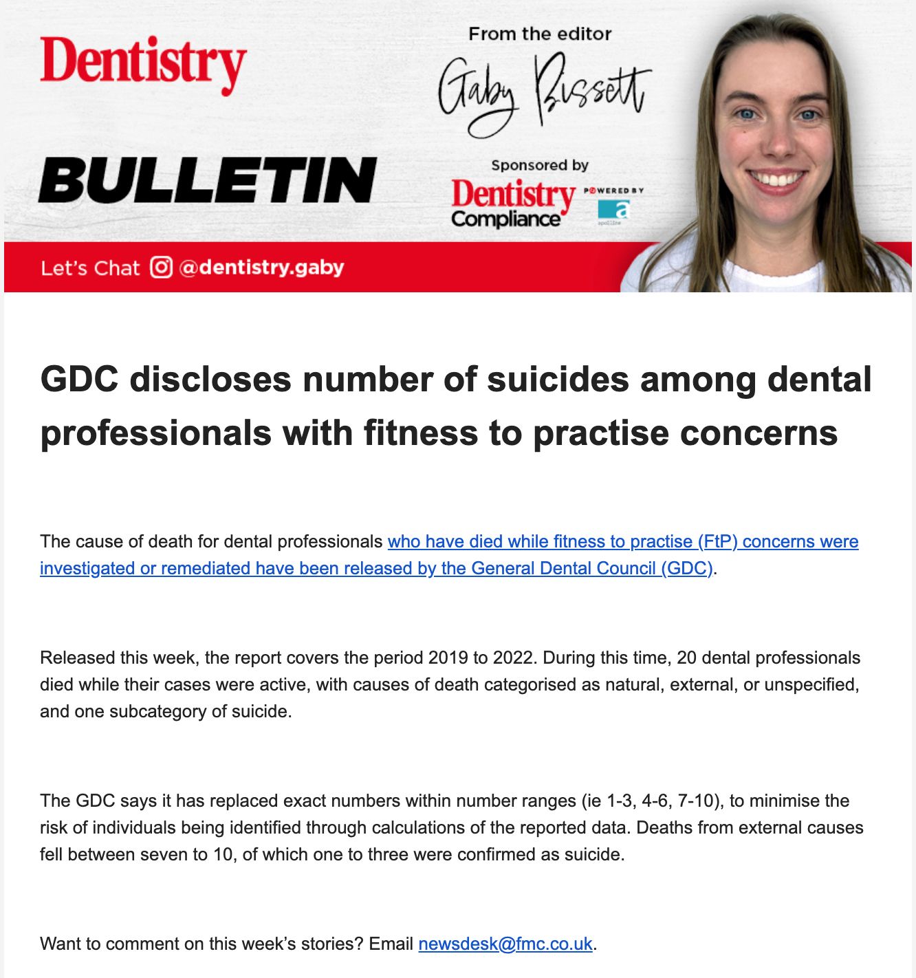 Dentristry article about GDC and dental professional suicides