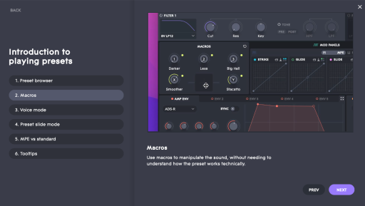 Preview of the Equator2 presets screen when using ROLI's limitless hybrid synthesizer.