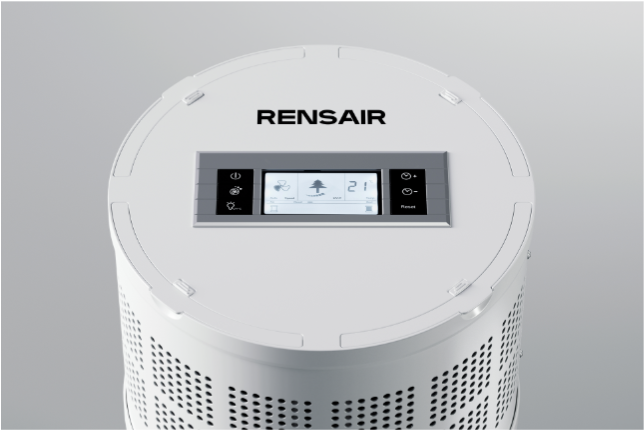 White air purifier with Rensair logo on a gray background.