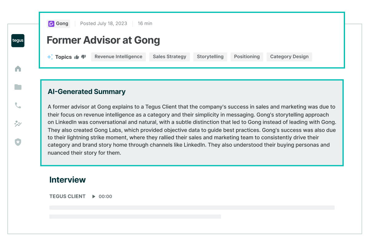 Former advisor at Gong interview transcript with AI generated summary