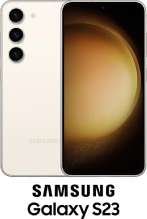 Samsung Galaxy S23 front and back side in Cream.