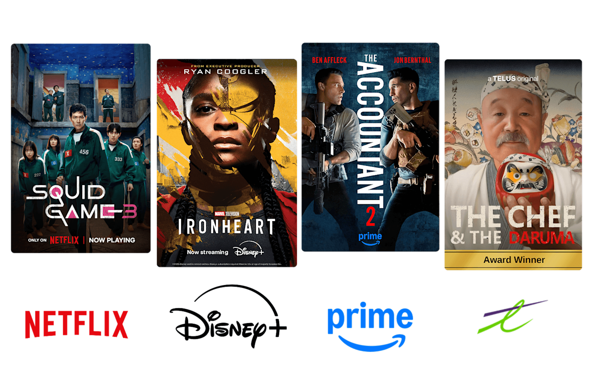 Four different posters showing Netflix’s Squid Game S3, the Disney+ series Ironheart, Prime’s Accountant 2 and TELUS Originals’ The Chef and the Daruma.