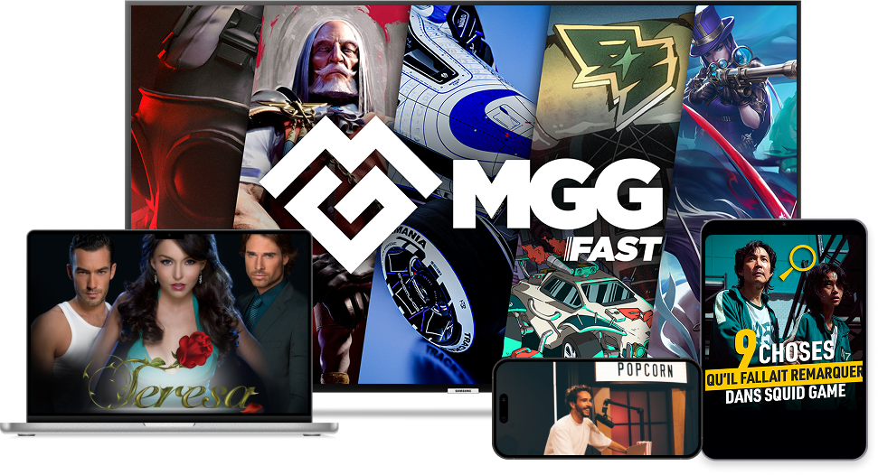 Différentes affiches sur 4 appareils : un écran de télévision montre des affiches de films d'action hollywoodiens, une iPad diffuse la chaîne de télévision Now Rock, un smartphone diffuse la série Vivre à trois, et un ordinateur portable montre l'émission À vous de jouer!