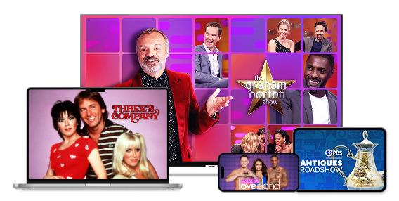 Four devices display different shows. A TV screen showing The Graham Norton Show, an iPad showing Antiques Roadshow, a smartphone showing Love Island, and a laptop showing Three's Company.