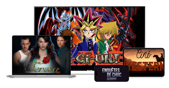 Différentes affiches sur 4 appareils : un écran de télévision montre des affiches de Yu-Gi-Oh!, une iPad diffuse la chaîne de télévision Ciné Western, un smartphone diffuse la série Enquétes de Choc et un ordinateur portable montre l'émission Teresa.