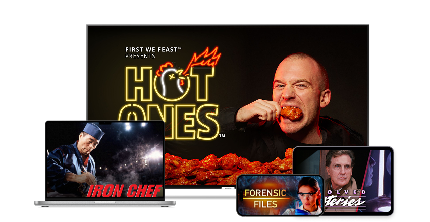 Four devices display different TV shows. A TV screen showing Action Hollywood Movies, an iPad showing Now Rock, a smartphone showing Three's Company, and a laptop showing The Price is Right.