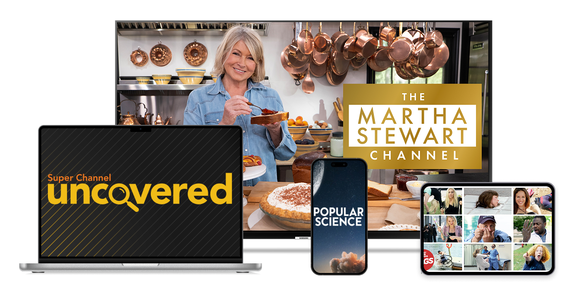 Four devices display different shows.