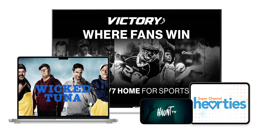 Four devices display different shows.