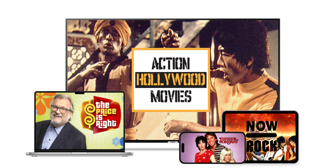 Four devices display different TV shows. A TV screen showing Action Hollywood Movies, an iPad showing Now Rock, a smartphone showing Three's Company, and a laptop showing The Price is Right.