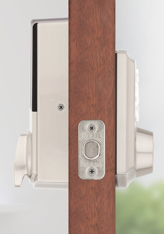 Close-up of Weiser HomeConnect620 deadbolt mechanism showing electronic keypad and one-touch locking feature