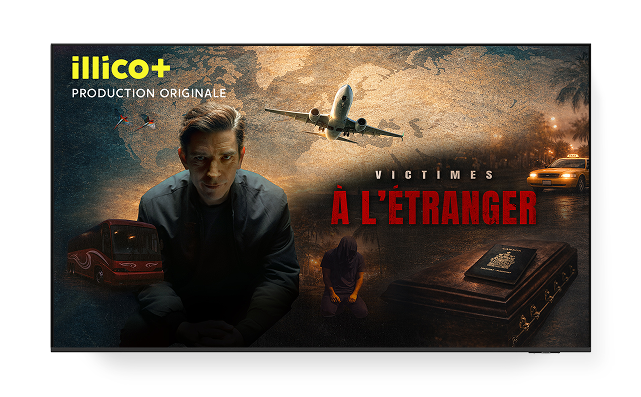 A promotional poster for 'Victimes à l'étranger', from 'illico+ PRODUCTION ORIGINALE'.