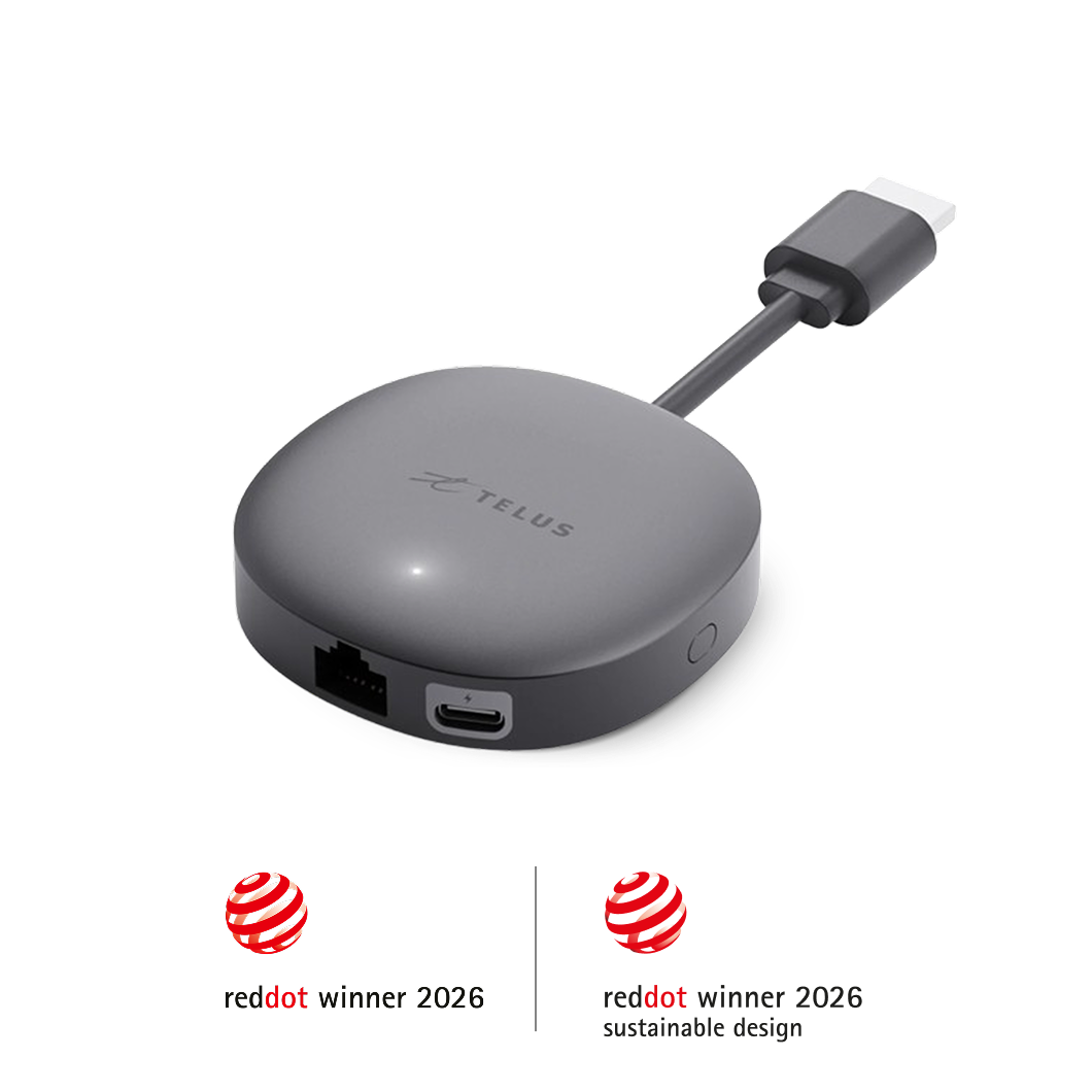 A TELUS TV Mini with Reddot winner 2026 and Reddot winner 2026 sustainable design awards.