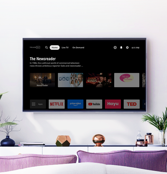 The homescreen for the TELUS TV Mini on a big screen TV, showing various streaming services.