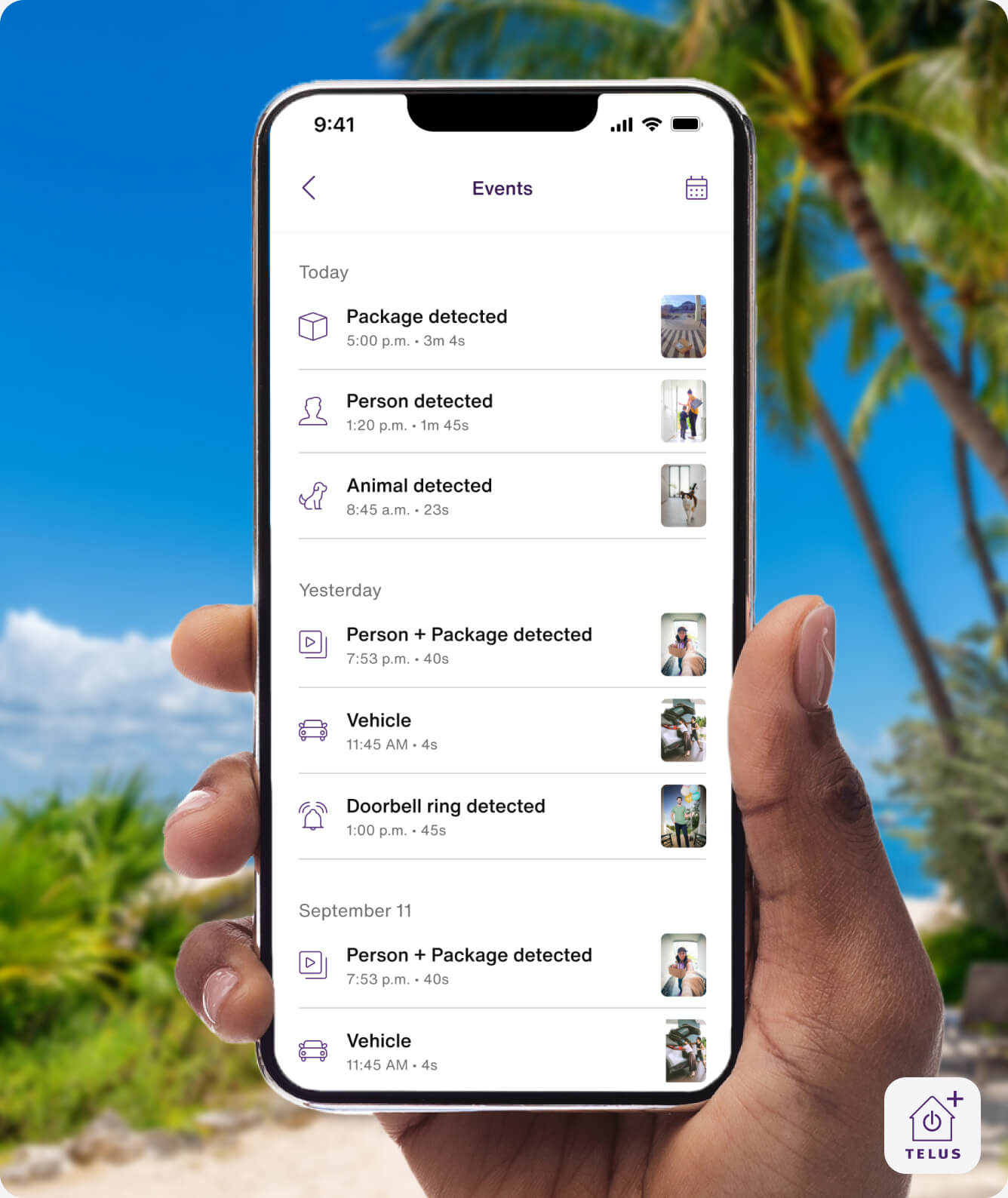 A hand holding the TELUS SmartHome+ app showing the various event notifications the TELUS Outdoor Camera has witnessed from packages, animals, vehicles and doorbell rings.
