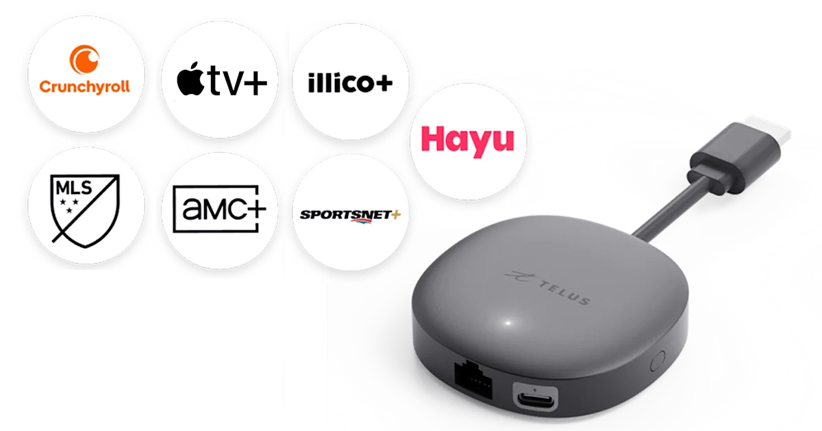 A TELUS TV Mini. Above the devices are logos for Apple TV+, Crunchyroll, MLS, Sportsnet+, Hayu, AMC+ and illico