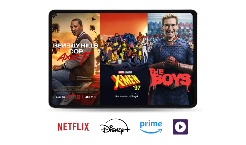 A tablet screen that shows Netflix’s Beverly Hills Cop: Axel F, Disney+’s X-Men 97 and Prime Video’s The Boys.
