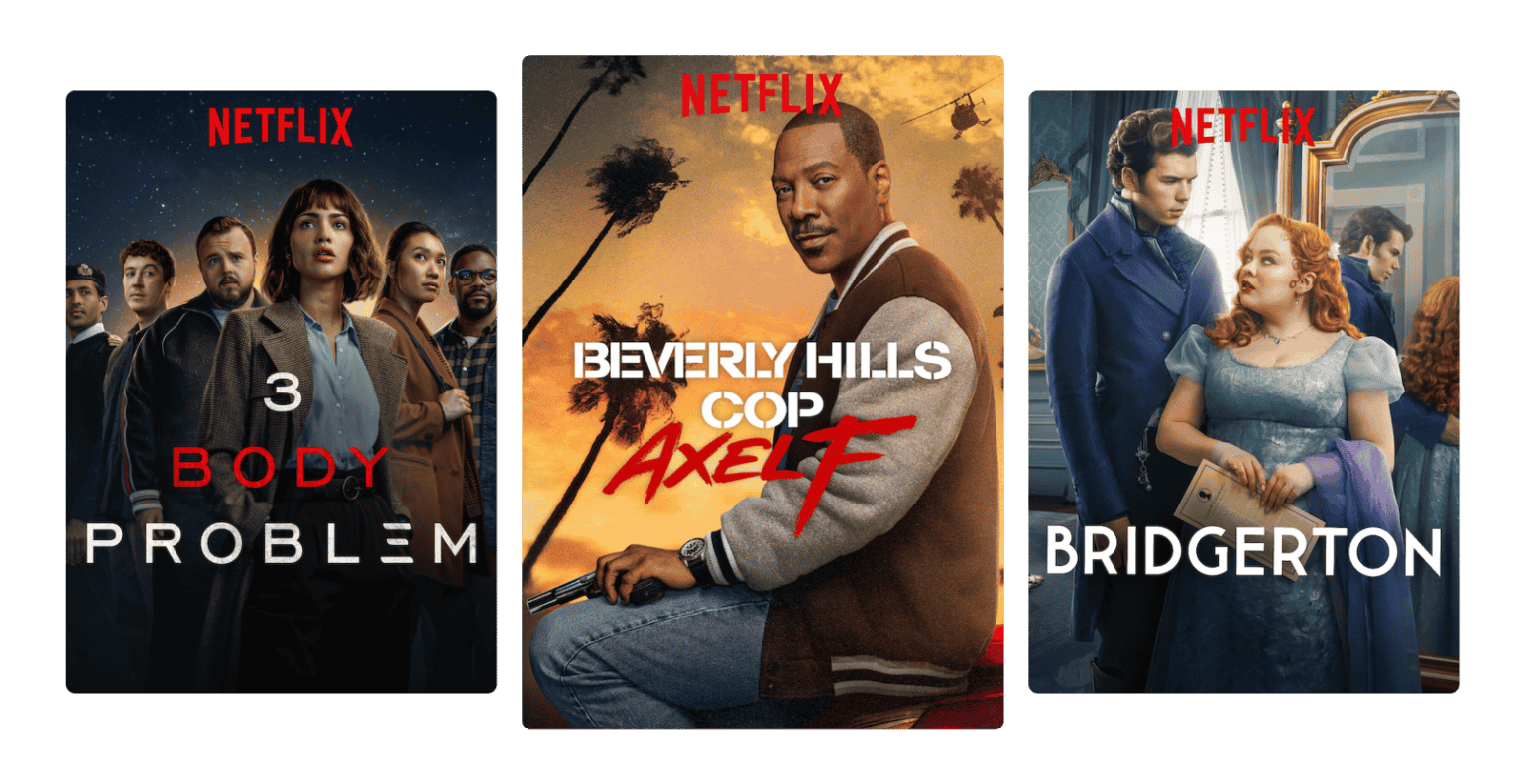 Posters for the Netflix films and series 3 Body Problem, Beverly Hills Cop and Bridgerton.