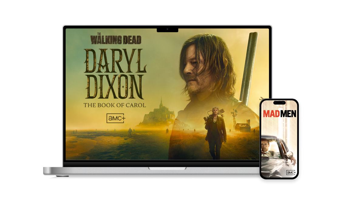 A poster for The Walking Dead: Daryl Dixon - The Book of Carol shown on a lap top and Mad Men shown on a phone.