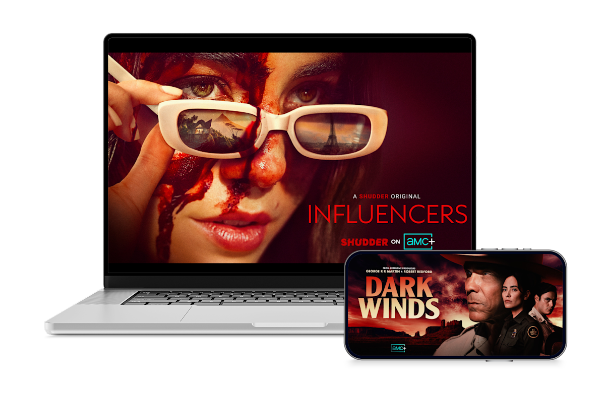 A laptop and smartphone. The device screens display the posters for Influencers and Dark Winds.