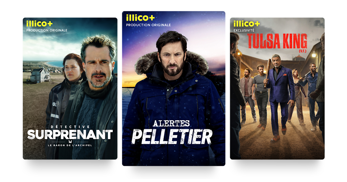 Three posters: Detective Surprenant, Alertes Pelletier, and Tulsa King.