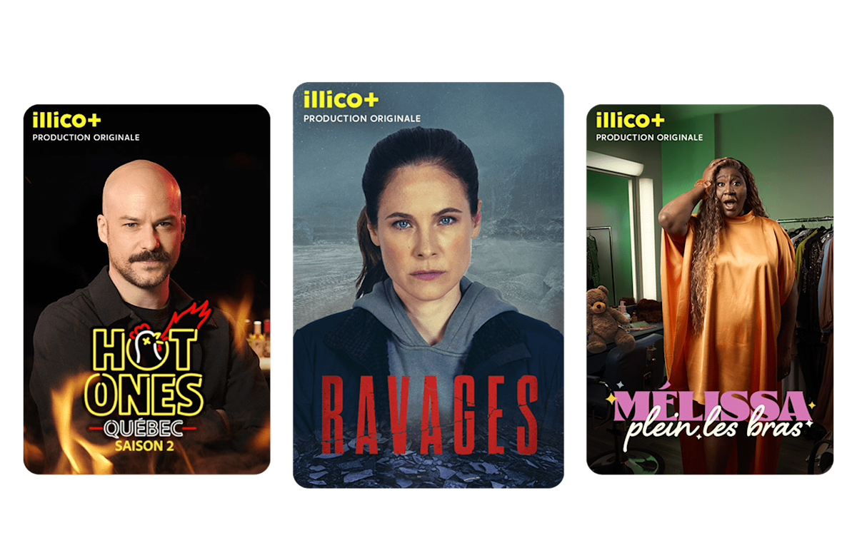 Trois affiches : Hot Ones Québec, Ravages et Melissa plein les bras.