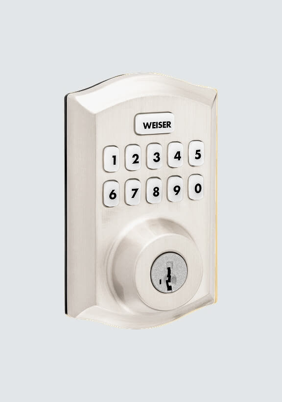 Weiser HomeConnect620 keypad lock showing SmartKey tool and key cylinder for easy re-keying process