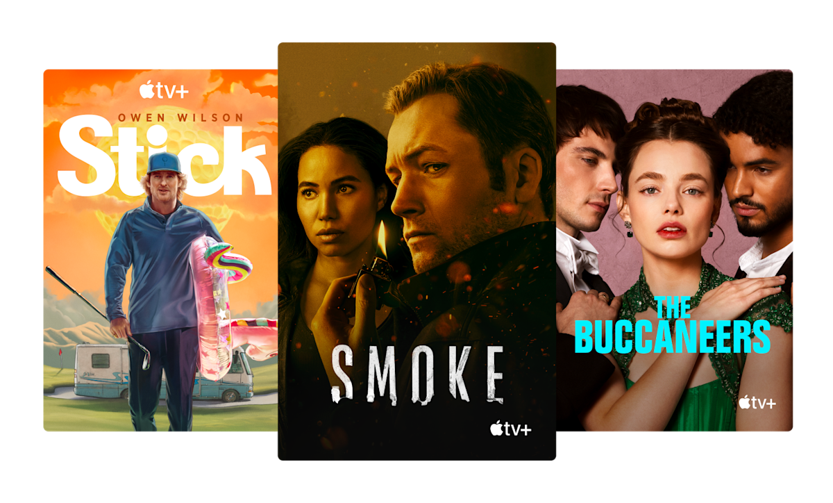 An image showing popular Apple TV+ shows: Stick, Smoke and The Buccaneers.
