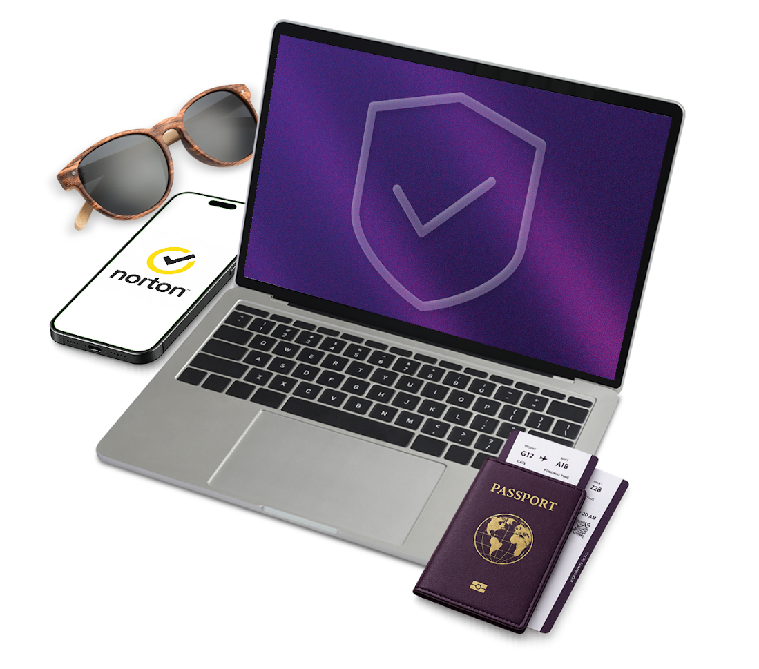 An image of a smartphone, a passport, sunglasses and a laptop with TELUS Online Security logo in purple background on screen.