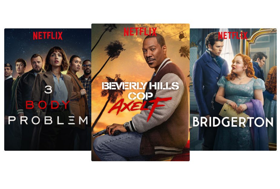 Posters for the Netflix films and series 3 Body Problem, Beverly Hills Cop and Bridgerton.