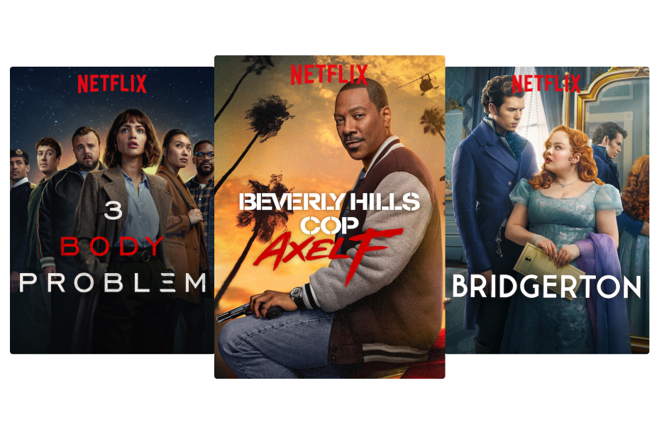 Affiches des films et séries Netflix 3 Body Problem, Le Flic de Beverly Hills et Bridgerton.