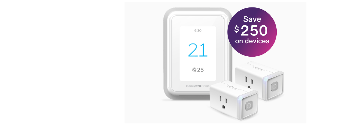 A smart thermostat and two smart plugs, displaying a roundel that says, "Save $250 on devices."