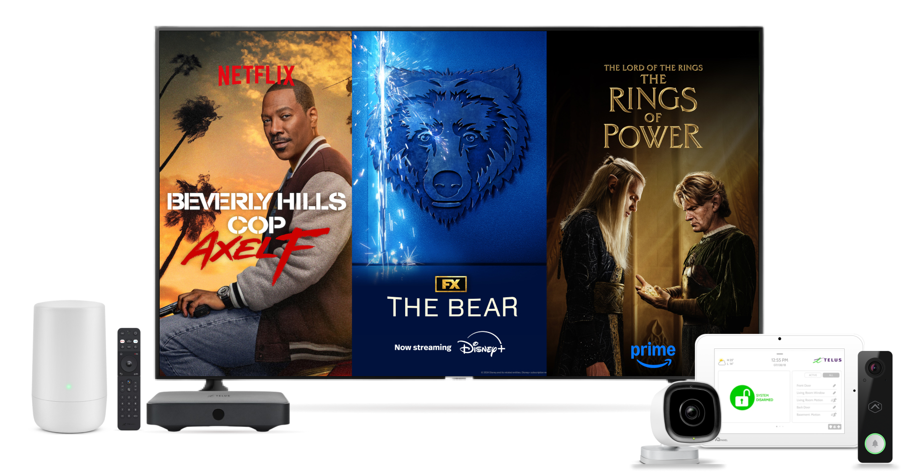 A Wi-Fi router, a TV screen displaying Netflix's Beverly Hills Cop: Axel F, Disney+'s The Bear and Prime Video's The Rings of Power, and a home security system.