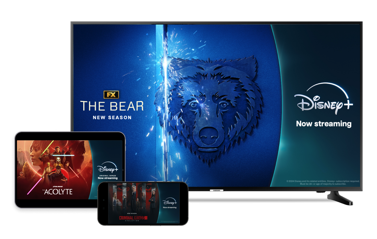 A TV screen displays FX's TV show titled "The Bear". A tablet screen displays Disney+'s series titled "The Acolyte". A phone screen displays the series titled "Espirits Criminels".