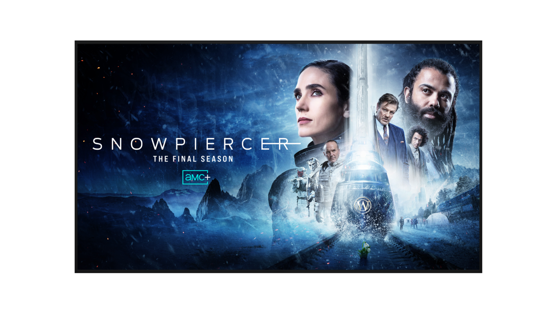 A TV screen shows a scene from the final season of Snowpiercer on AMC+